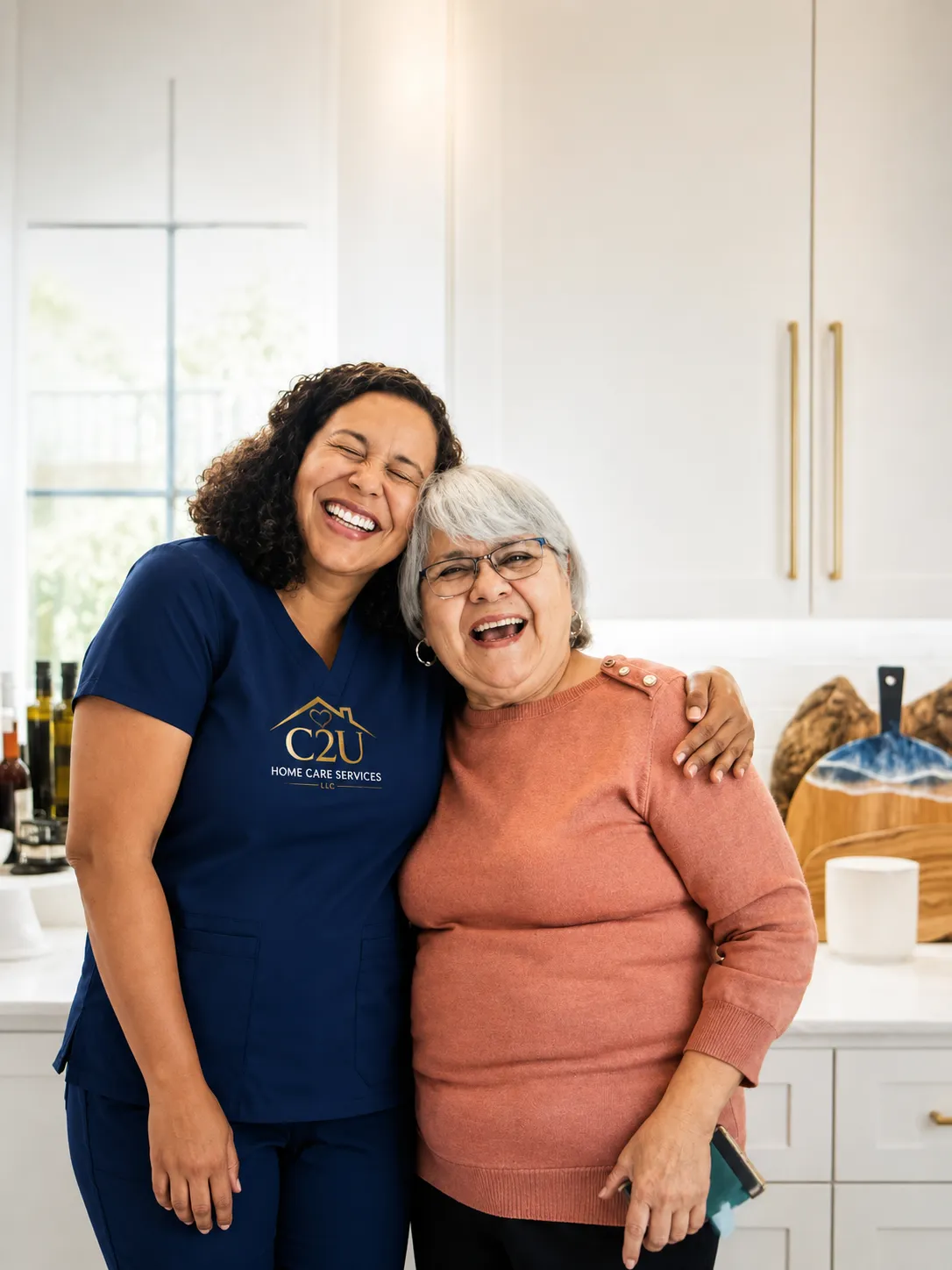 C2U HomeCare caregiver providing compassionate care to an elderly client