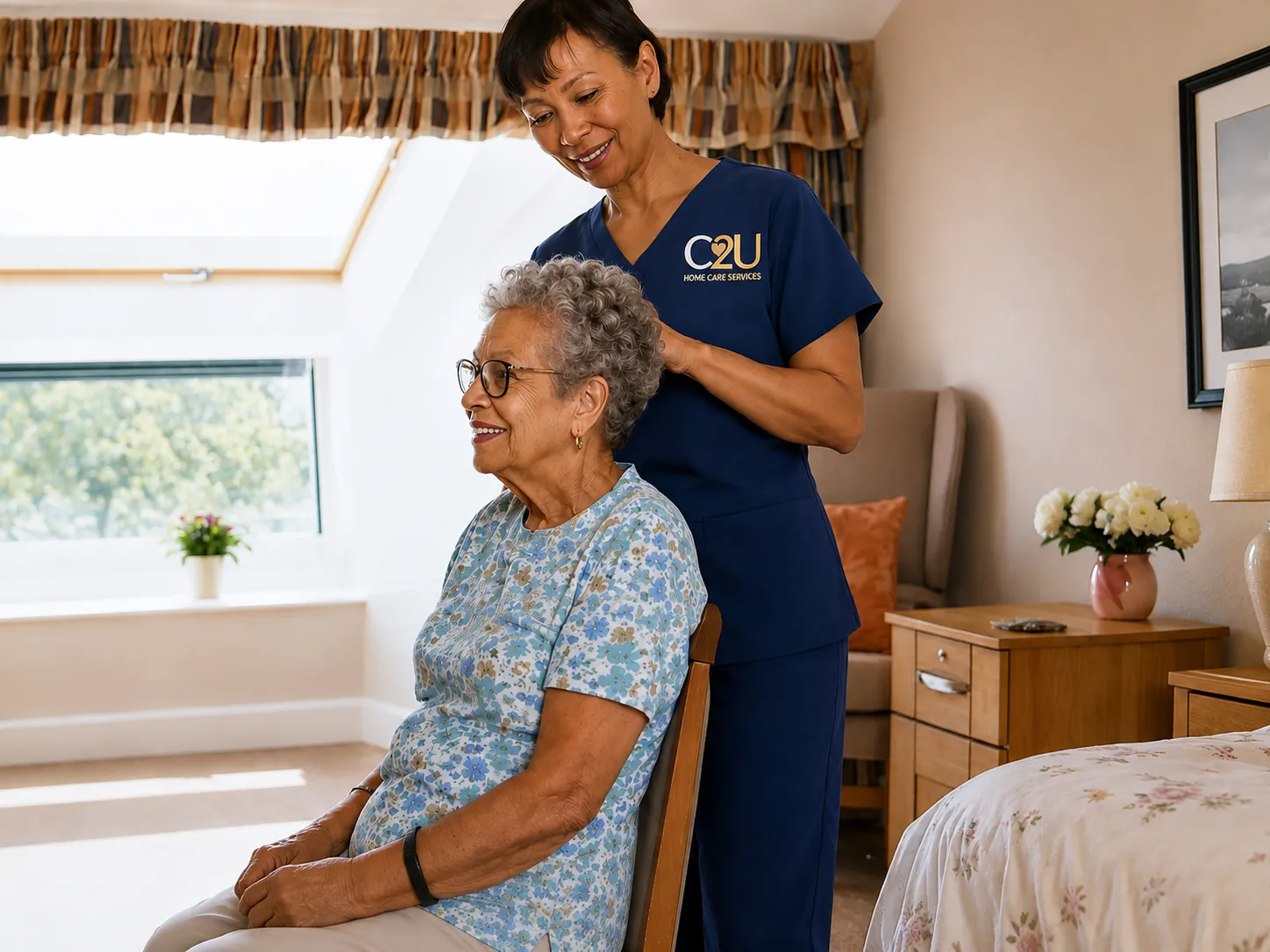 C2U HomeCare caregiver assisting an elderly client at home